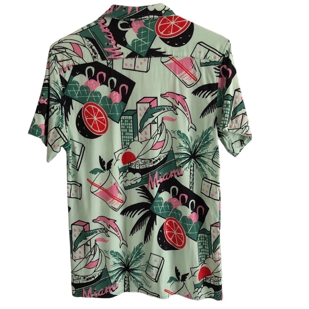 Duvin Design Shirt Short Sleeve Miami Flamingo Tropical Print Mint Green Small - Picture 2 of 9